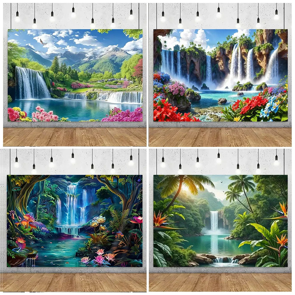 Forest Waterfall Wonderland Photography Backdrop