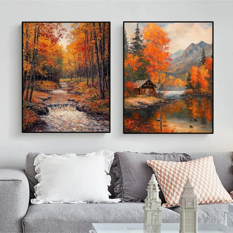 Canvas wall art featuring an autumn field landscape with vibrant orange and yellow foliage and a reflective water surface.