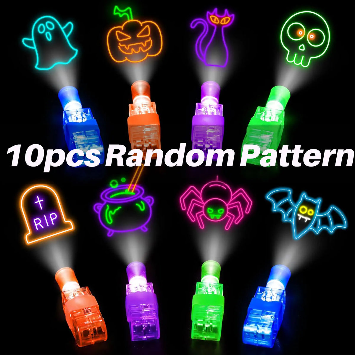 A collection of ten assorted Halloween LED finger projector lights with various spooky patterns and colors.