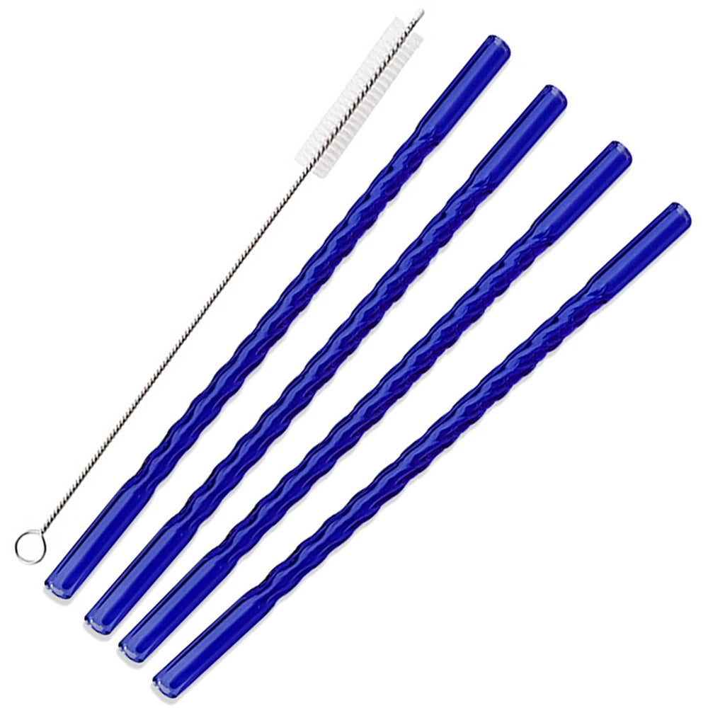 A set of blue reusable borosilicate glass straws with cleaning brushes.