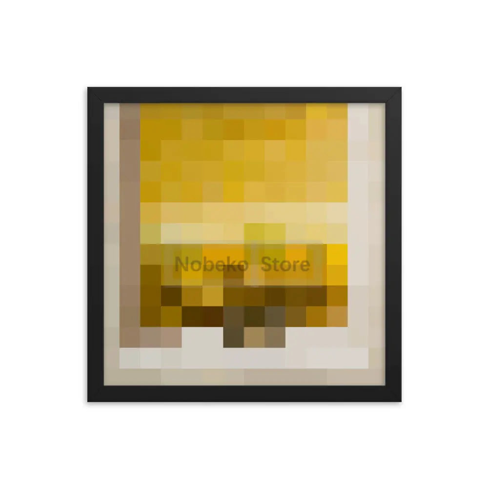 A framed piece of pixel art featuring a yellow and beige landscape on a light background.