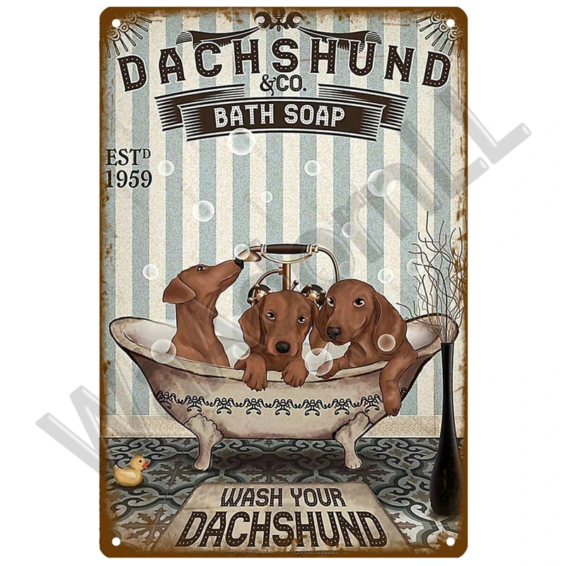 Vintage metal sign featuring a dachshund illustration and text for bath soap