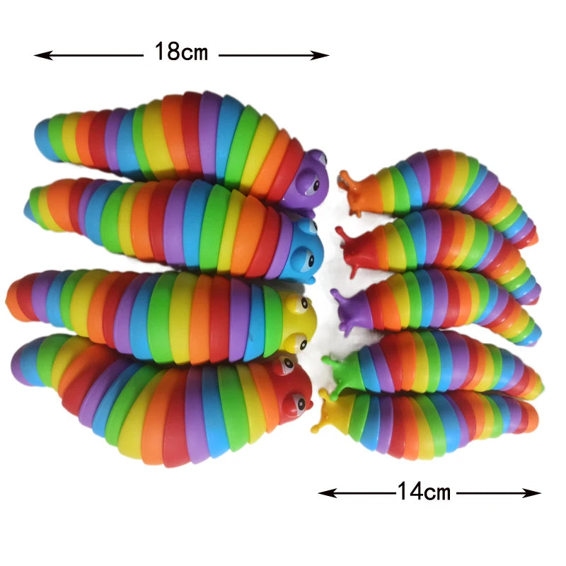 A colorful, flexible 3D articulated fidget slug toy with vibrant stripes in various shades of orange, green, purple, and blue
