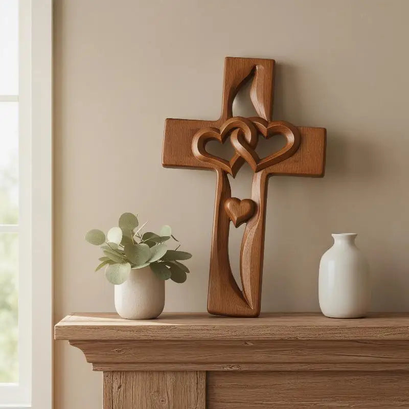 A wooden wall cross with intertwined hearts rests on a light wood shelf next to a white ceramic vase.