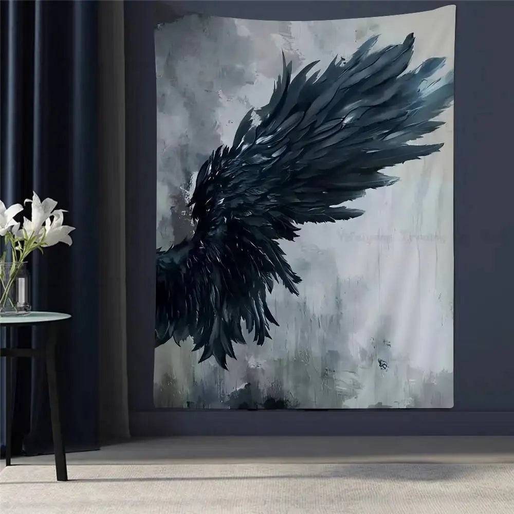 A painting of dark, feathered angel wings against a light gray background.