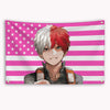 Anime character Bakugou Katsuki in a portrait against a pink and white striped American flag banner.