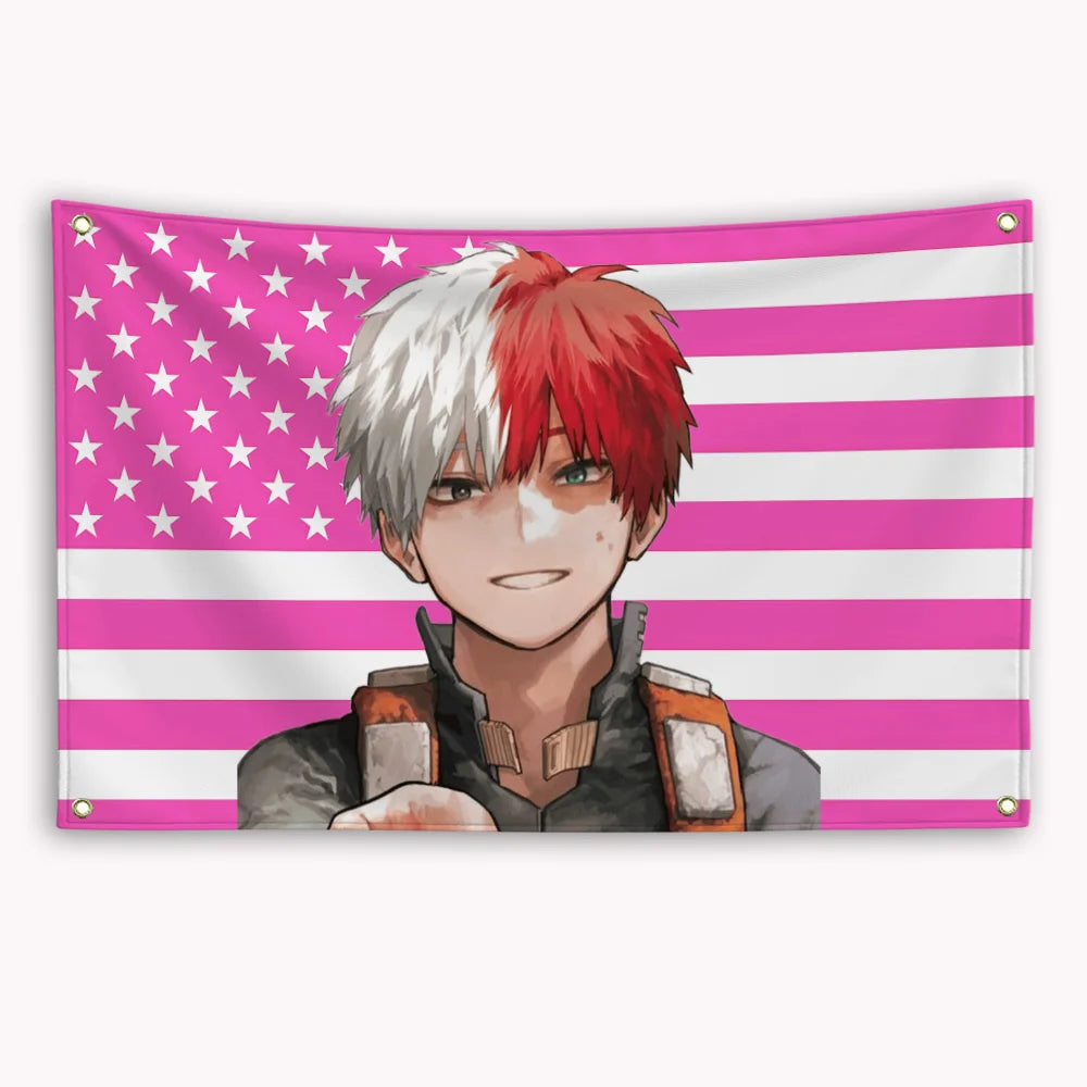 A banner featuring an illustration of Bakugou Katsuki with red and white hair against a pink and white striped American flag 