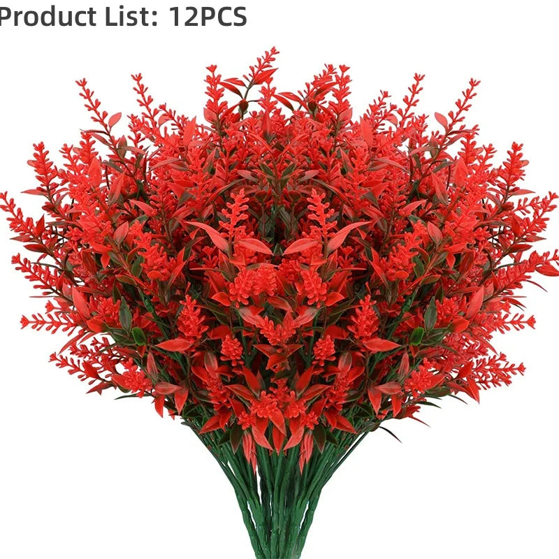 A bouquet of 12 artificial red lavender stems used for outdoor decoration.