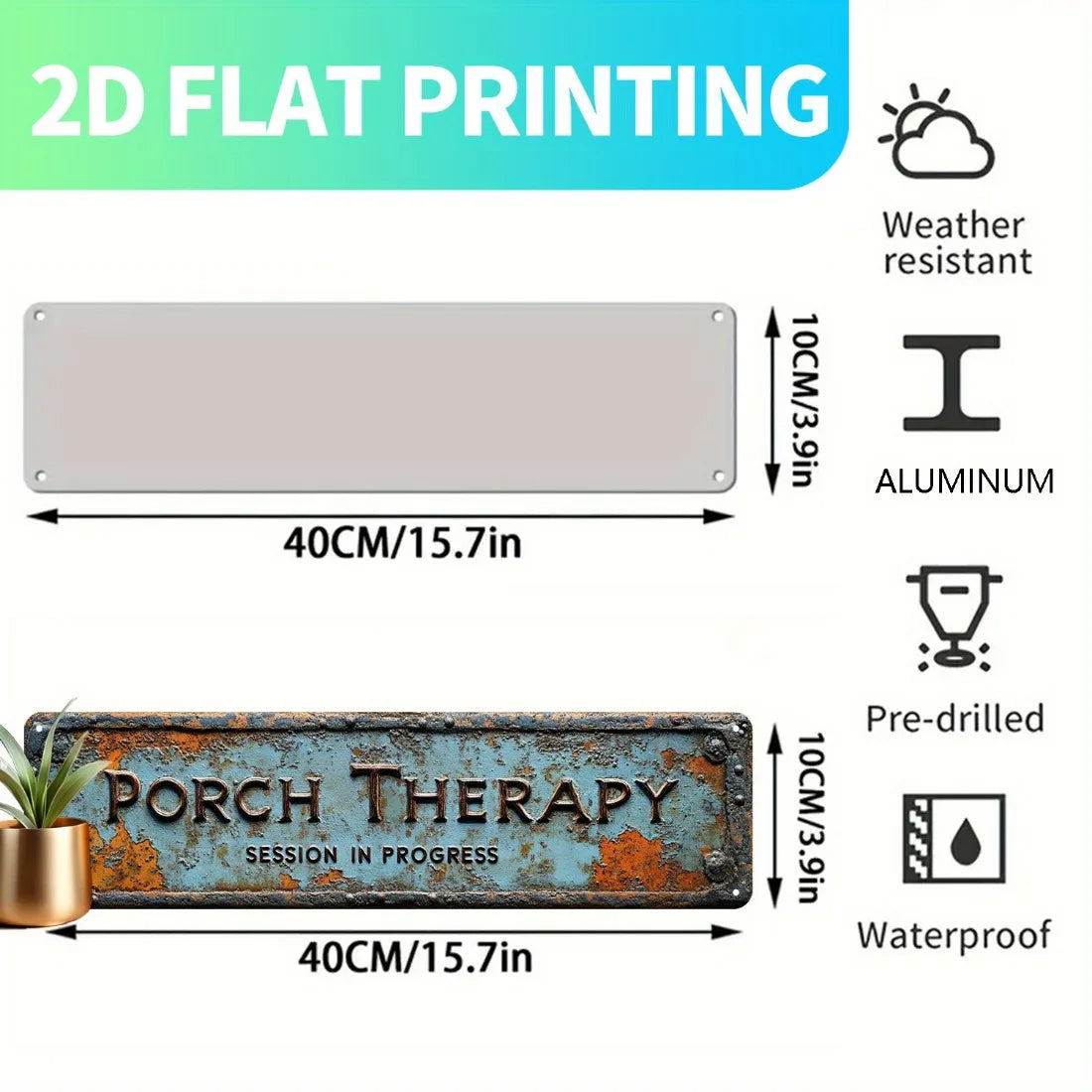 A rectangular aluminum sign with the text PORCH THERAPY and SESSION IN PROGRESS, featuring an aged, rusted finish.