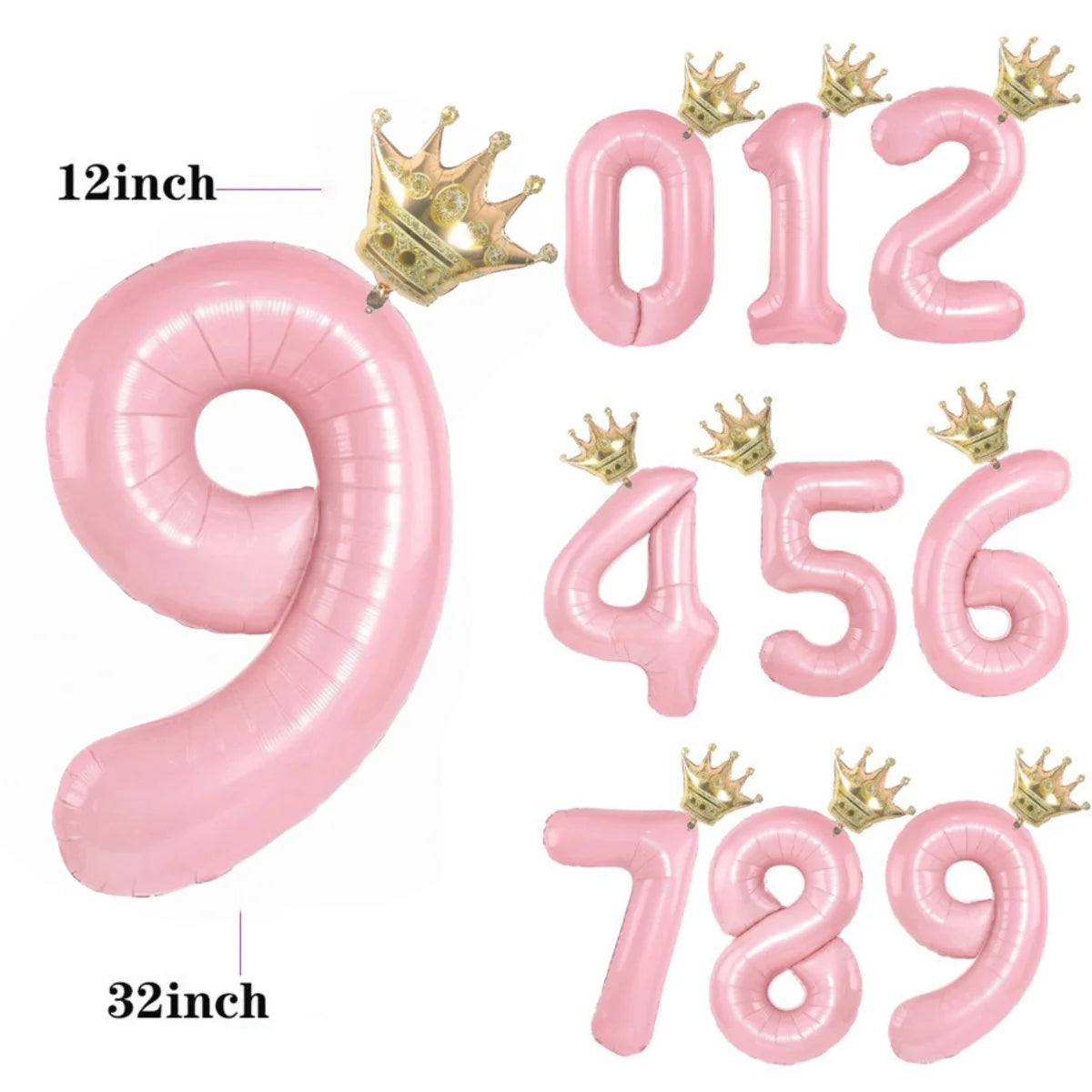 Pink aluminum foil crown number balloons showing the numbers 0, 1, 2, 3, 4, 5, 6, 7, 8, and 9.