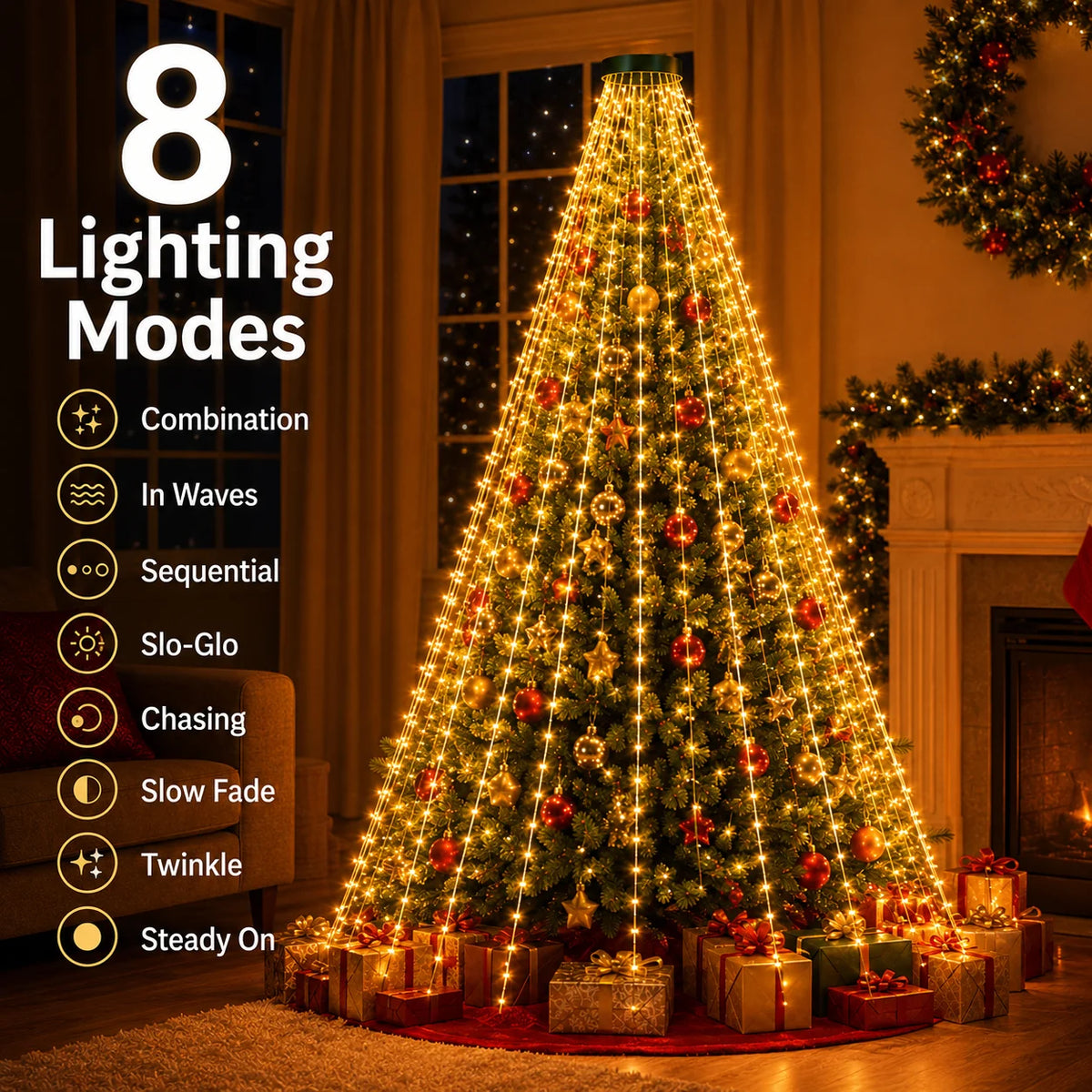 A Christmas tree decorated with warm yellow lights in a conical shape, displayed indoors.