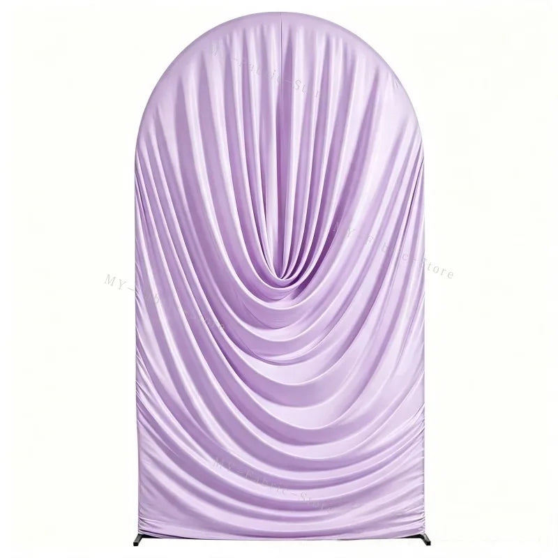 A seamless lavender spandex arch cover draped in soft folds for weddings and events.