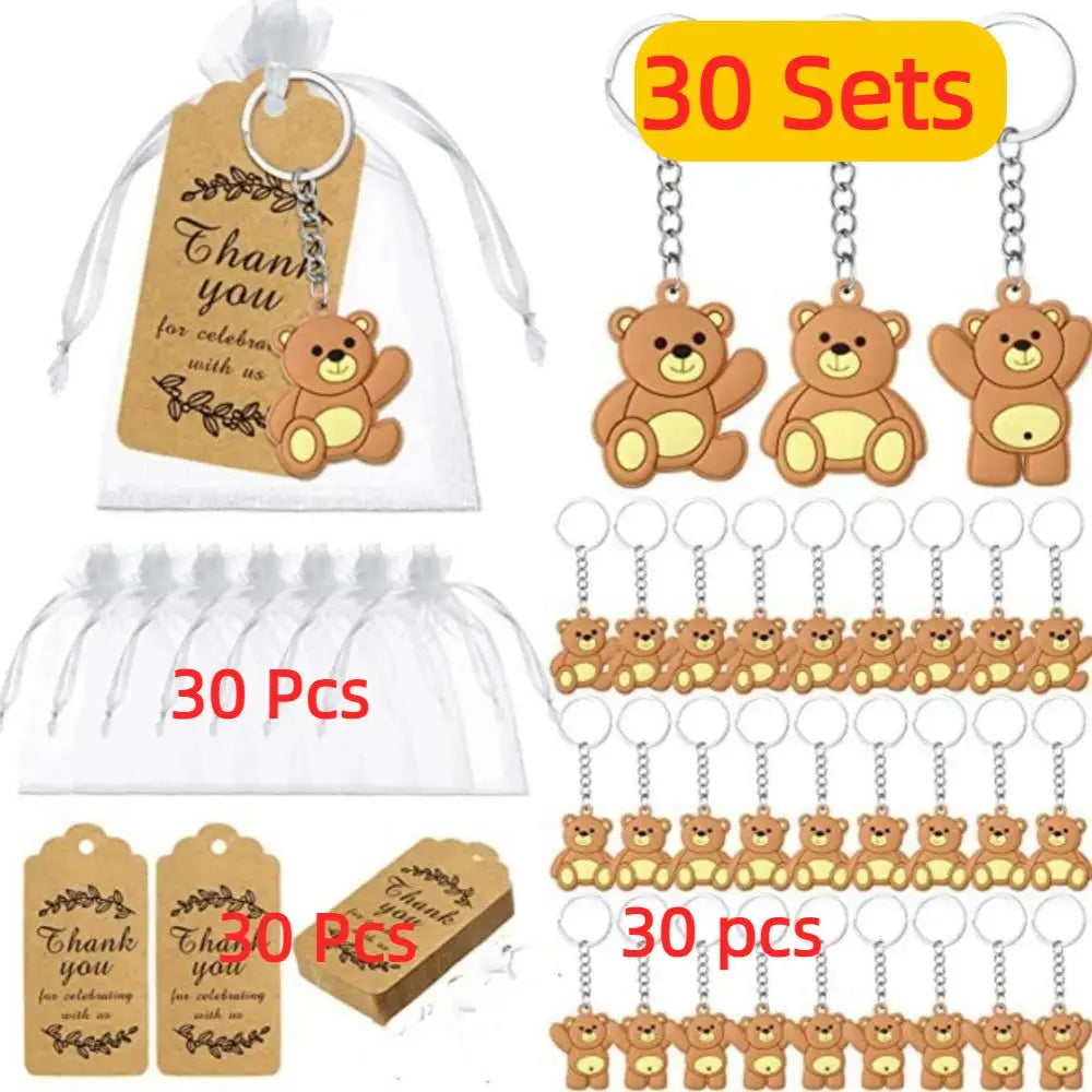 30 sets of cute bear keychain party favors with organza bags and thank you tags