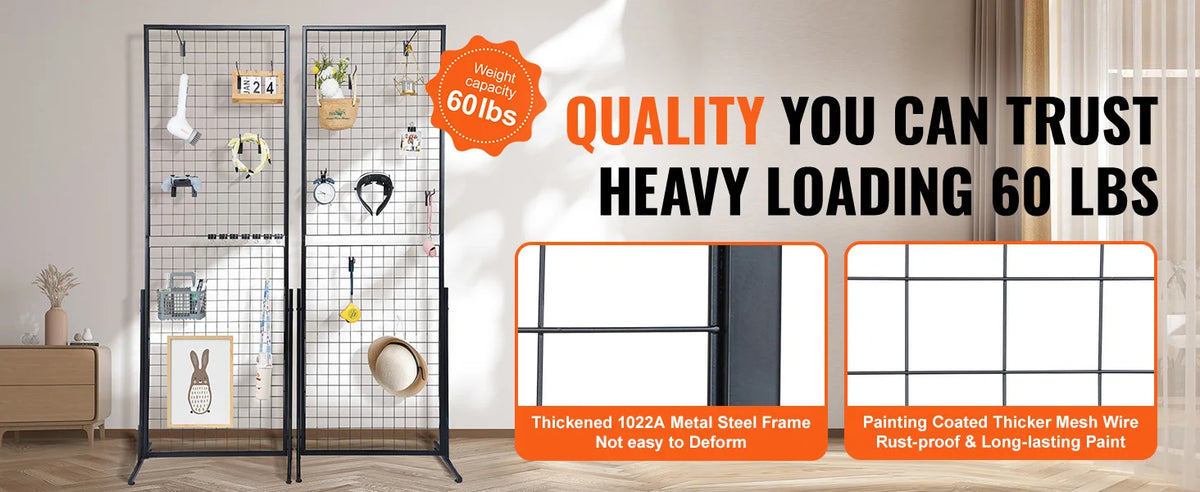 A black wire grid wall display rack showing various items, emphasizing its ability to handle a 60 lbs load.
