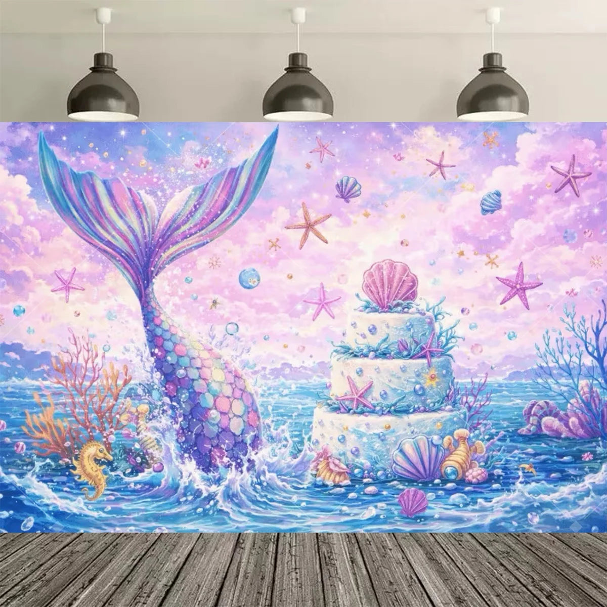 A vibrant watercolor backdrop featuring a mermaid tail and seashells against a blue ocean background.