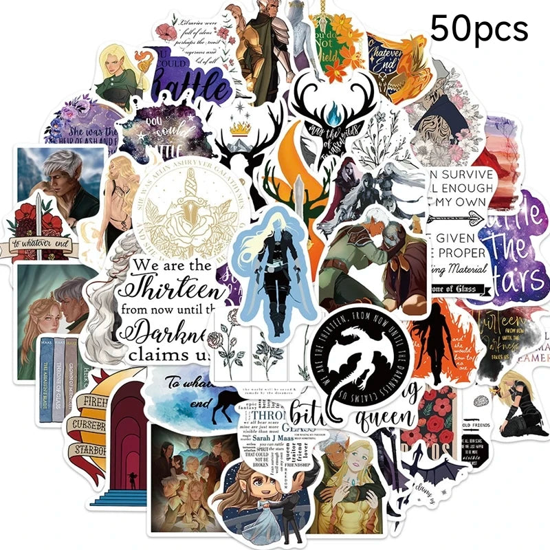 Eine Sammlung von 50 dekorativen Aufklebern mit Cartoon-Charakteren aus Fantasy- und literarischen Themen.