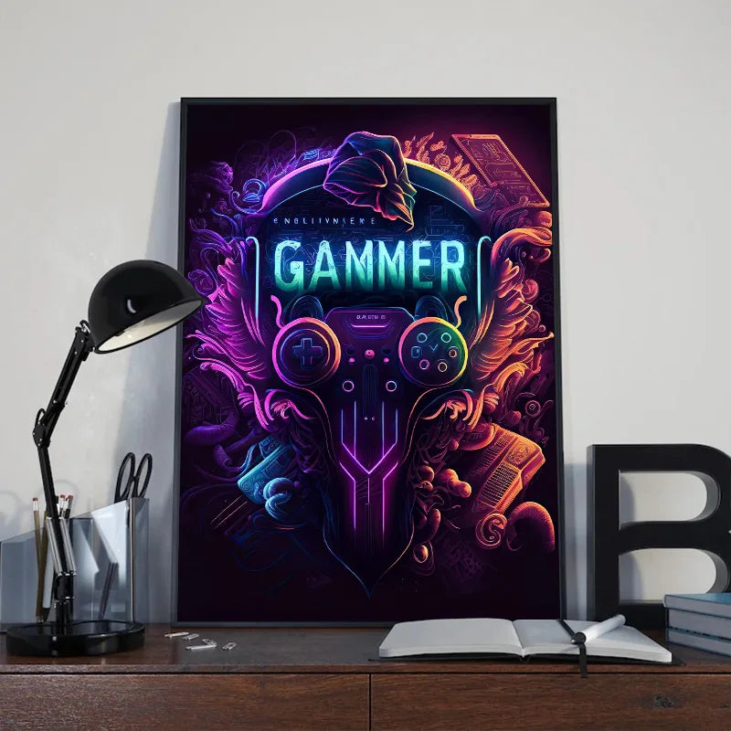 A dark canvas print featuring a vibrant purple and neon green graphic of a gamer silhouette surrounded by stylized digital el