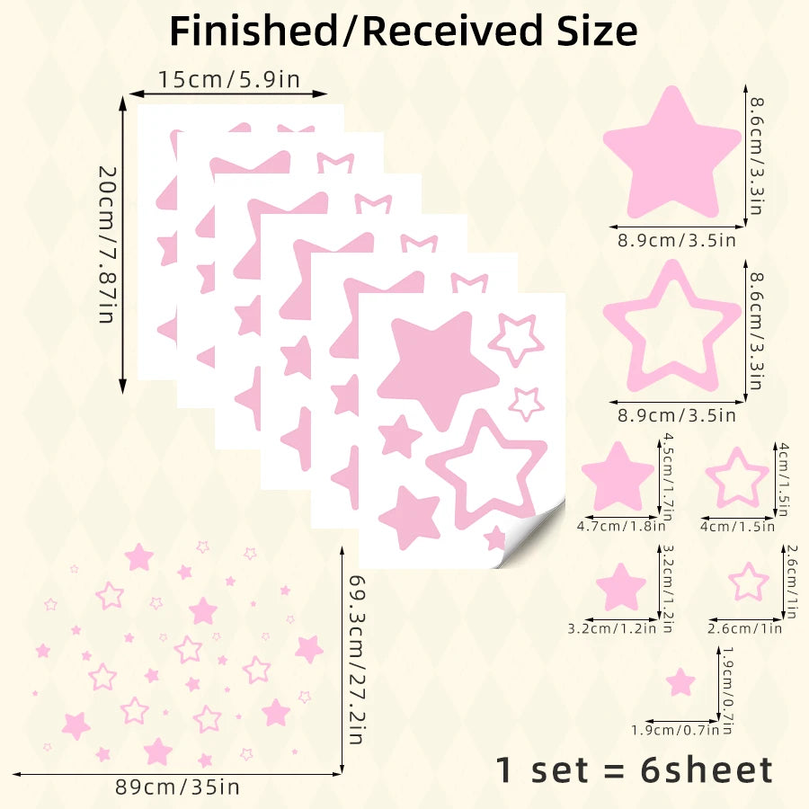 A sheet of pink star vinyl wall decal showing various sizes and shapes for kids