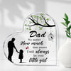 A clear acrylic heart-shaped plaque engraved with the text "Dad No matter how much time passes I will always be your little g