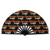 A black folding fan with a design pattern of repeated text logos on the surface.