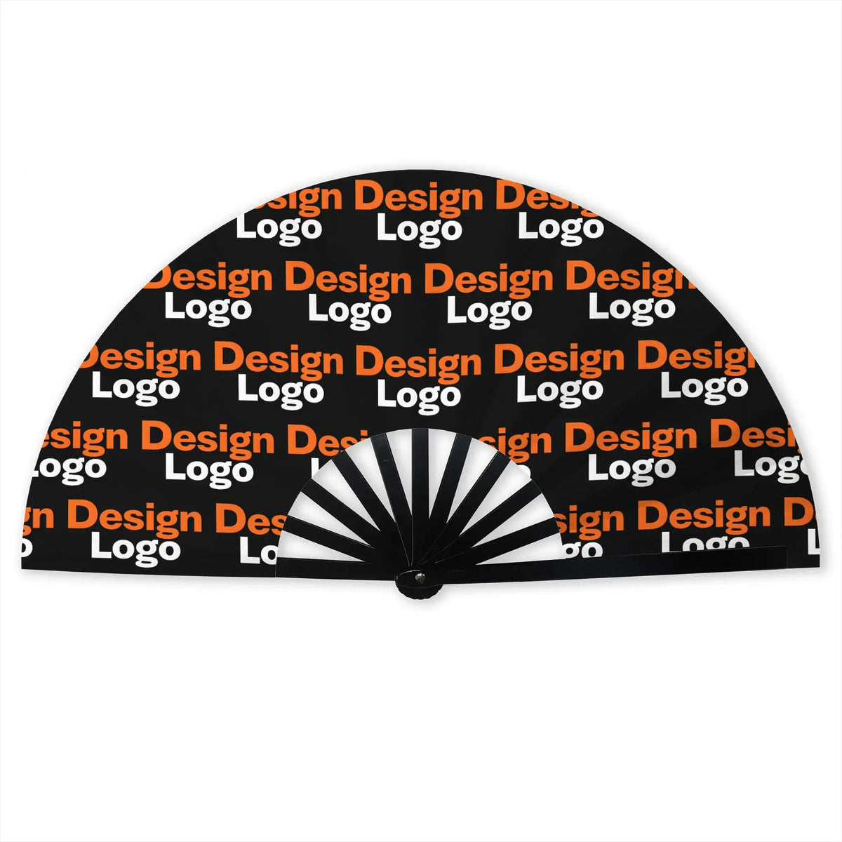 A black folding fan with a design pattern of repeated text logos on the surface.