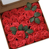 A box filled with realistic red foam rose artificial flowers for weddings and home decor
