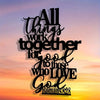 Black script text reads All things work together for good to those who love God Romans 8:28 on a light gradient background.