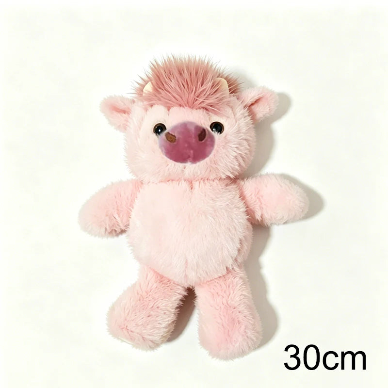A pink West Highland Calf plush toy with a fluffy mane and sweet expression.