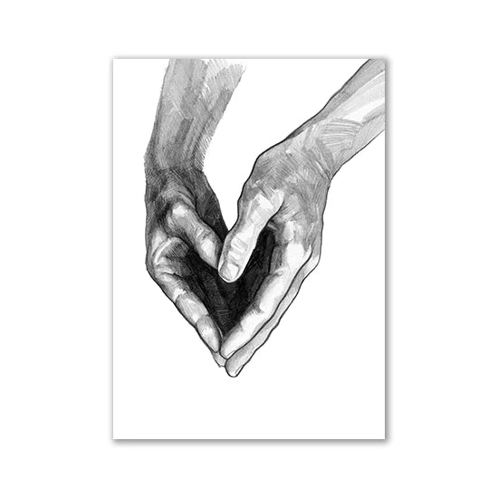 A grayscale line drawing of two hands clasped together forming a heart shape.