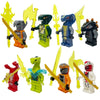 A collection of golden ninja building block figures in various colors and poses.