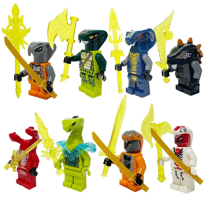 A collection of golden ninja building block figures in various colors and poses.