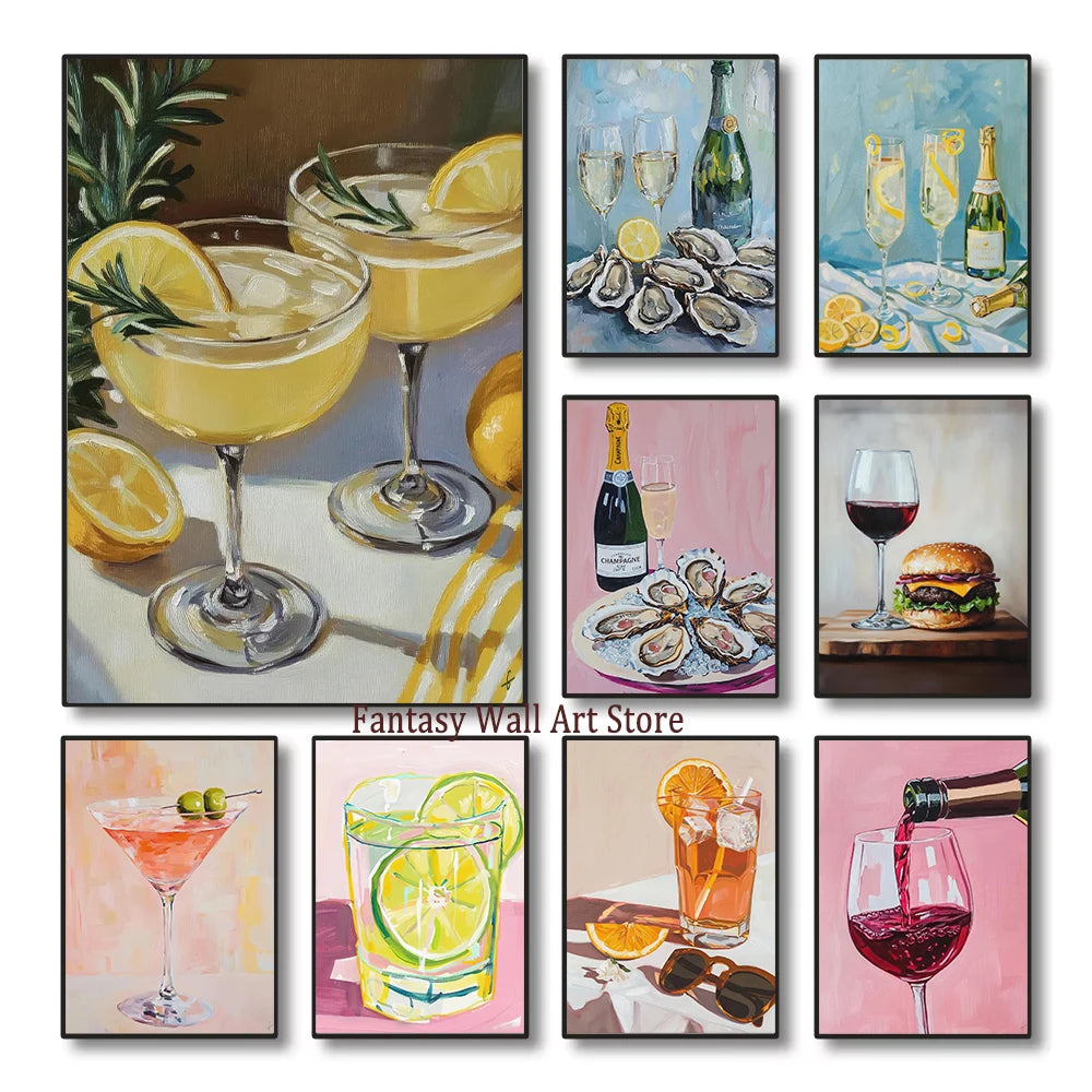 A collection of nine art prints featuring various food and drink themes including citrus fruits seafood cocktails and gourmet