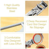 Close-up views of a heavy duty stainless steel bottle opener highlighting its quality, deep card slot design, and comfortable