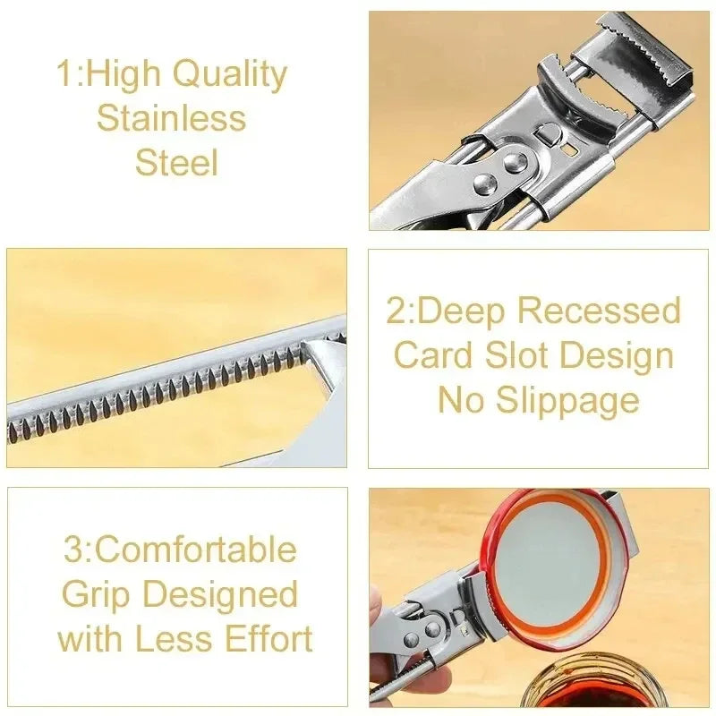 Close-up views of a heavy duty stainless steel bottle opener highlighting its quality, deep card slot design, and comfortable