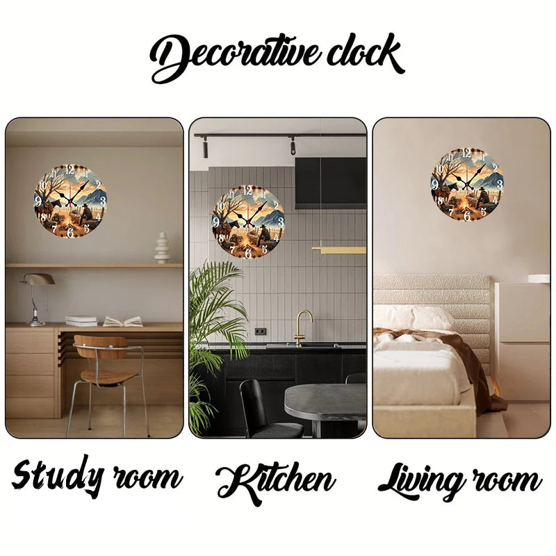Decorative clock featuring a rustic cowboy and horse design displayed in study room, kitchen, and living room settings.