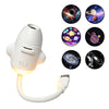 A white 2-in-1 Galaxy Projector and night light with an adjustable focus, showing various celestial images.