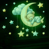 Autocollant murale ours en peluche phosphorescent avec une lune et des étoiles contre un fond vert foncé.