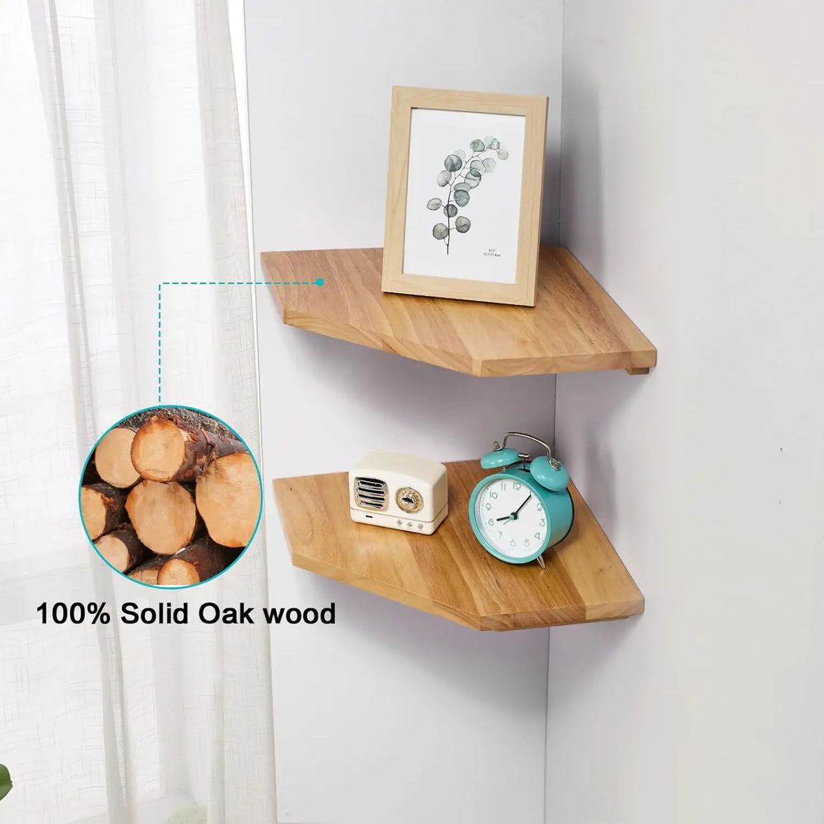Two natural wood wall-mounted corner shelves displaying a framed plant and an analog clock.