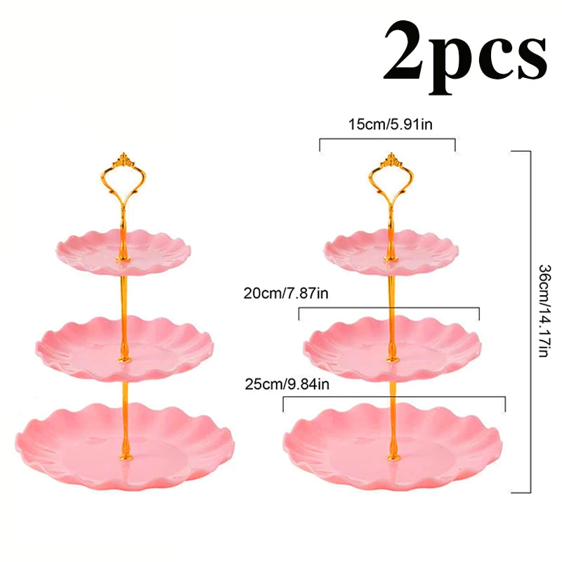 Two pink three-tier dessert racks with gold stands and pink plates shown side by side.