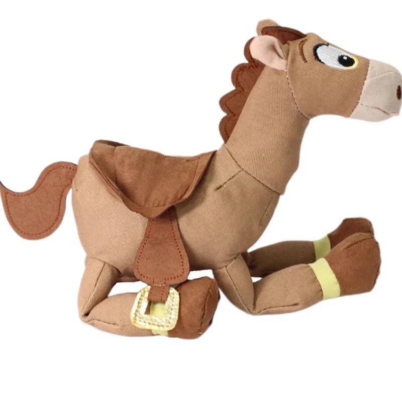 Juguete de peluche de caballo marrón con crin rizada y hocico claro.
