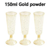 Three clear gold powder disposable champagne glasses displayed against a white background.