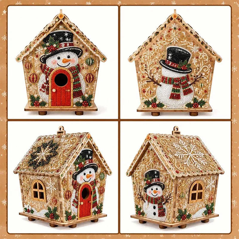 Three diamond painting kits depicting festive Christmas cabins with snowmen and winter scenes.
