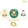 Ten foil balloons featuring cartoon jungle safari animals like a monkey and tiger, with a gold ring.