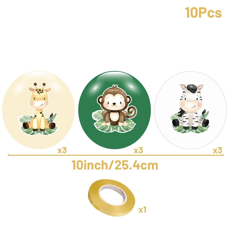 Ten foil balloons featuring cartoon jungle safari animals like a monkey and tiger, with a gold ring.