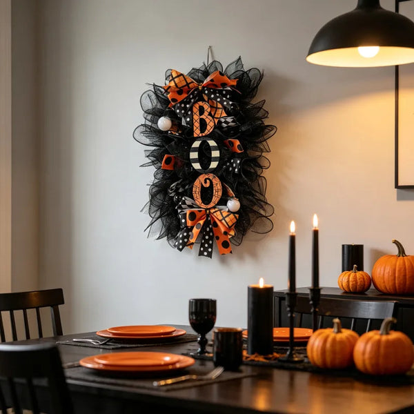 A black and orange Halloween BOO wreath with a pumpkin garland hanging on a white wall.