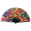 UV fluorescent handheld folding fan with vibrant, multicolored floral and geometric patterns.