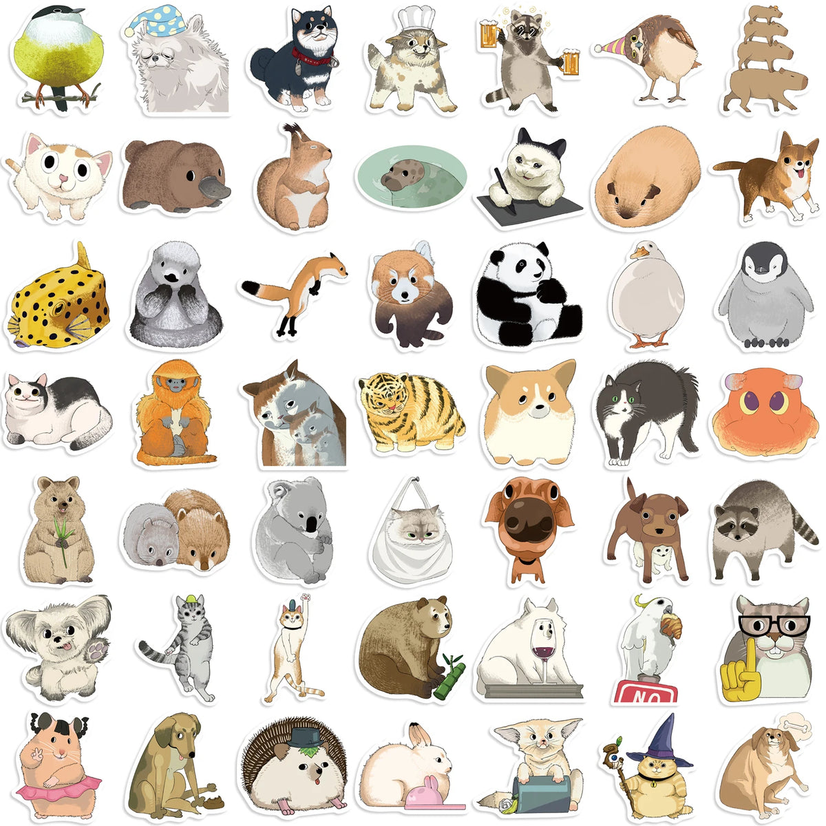 A collection of 50 assorted animal sticker designs featuring various mammals, cats, and other creatures.