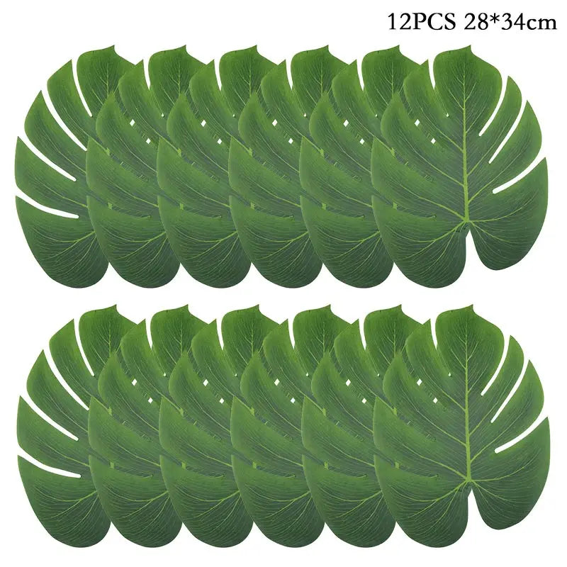 Twelve green tropical leaves for birthday decor