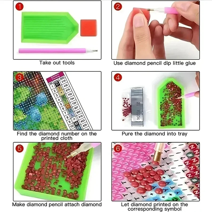 A six-step process showing how to create a diamond painting by using tools and glue on a cloth.