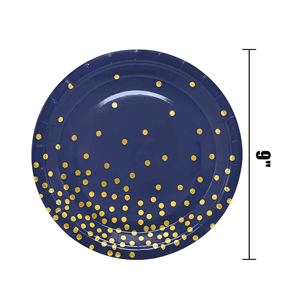 A dark blue disposable plate decorated with scattered gold dots.